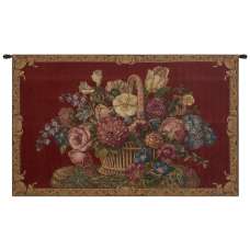 Flower Basket with Burgundy Chenille Background Italian Tapestry Wall Hanging