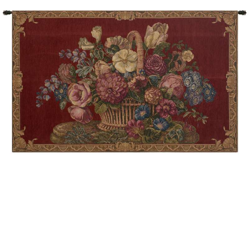 Flower Basket with Burgundy Chenille Background Italian Tapestry Wall Hanging