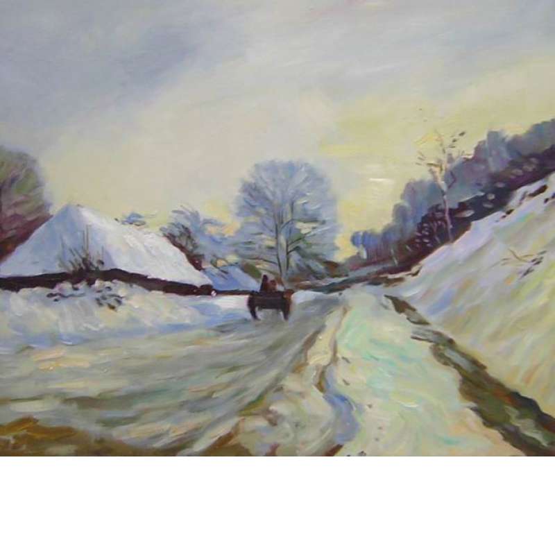Cart and Road Under Snow Canvas Wall Art