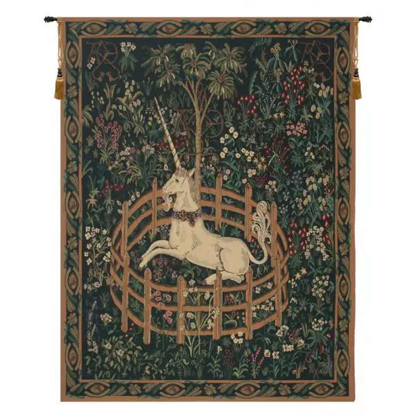 Unicorn In Captivity II (With Border) Belgian Wall Tapestry