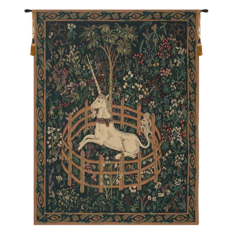 Unicorn In Captivity II (With Border) European Tapestry Wall Hanging