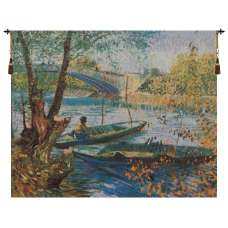 Angler and Boat at Pont de Clichy Belgian Tapestry Wall Hanging