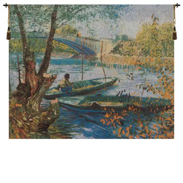 Angler and Boat at Pont de Clichy Belgian Wall Tapestry