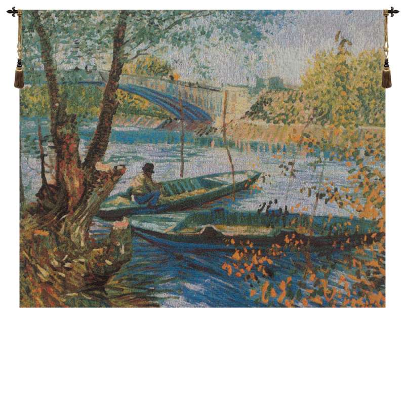 Angler and Boat at Pont de Clichy Belgian Tapestry Wall Hanging