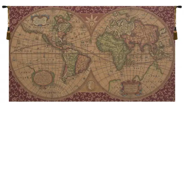 Old Map of the World Red Italian Wall Tapestry