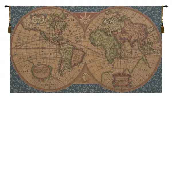 Old Map Of The World Blue European Tapestries - 45 in. x 25 in. Cotton/Polyester/Viscose by Charlotte Home Furnishings