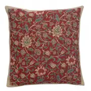 Fleurs De Morris Red Belgian Woven Cushion Cover - 16x16" Handmade Square Pillow for Living Room - Floral Tapestry Cushion for Indoor - Bedroom Decorative Pillow Cover - Cushion Cover for Sofa & Couch