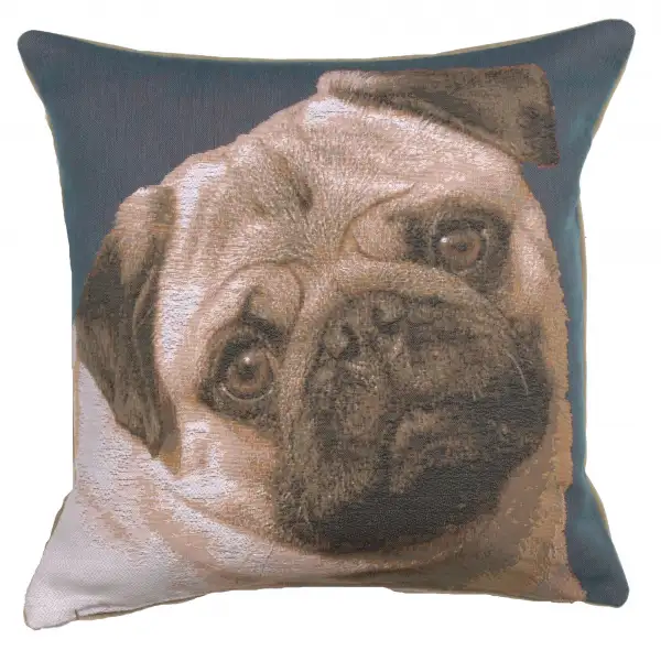 Pugs Face Blue Cushion - 18 in. x 18 in. Cotton by Charlotte Home Furnishings