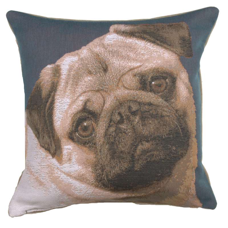Pugs Face Blue French Tapestry Cushion