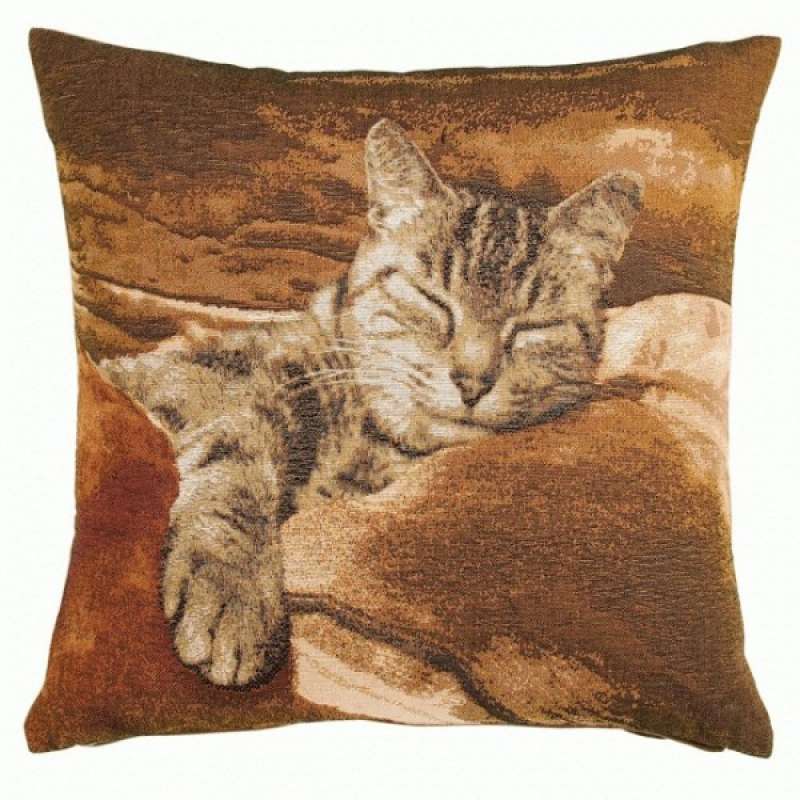 Sleeping Cat Brown I Decorative Tapestry Pillow