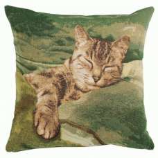 Sleeping Cat Green 1 French Tapestry Cushion