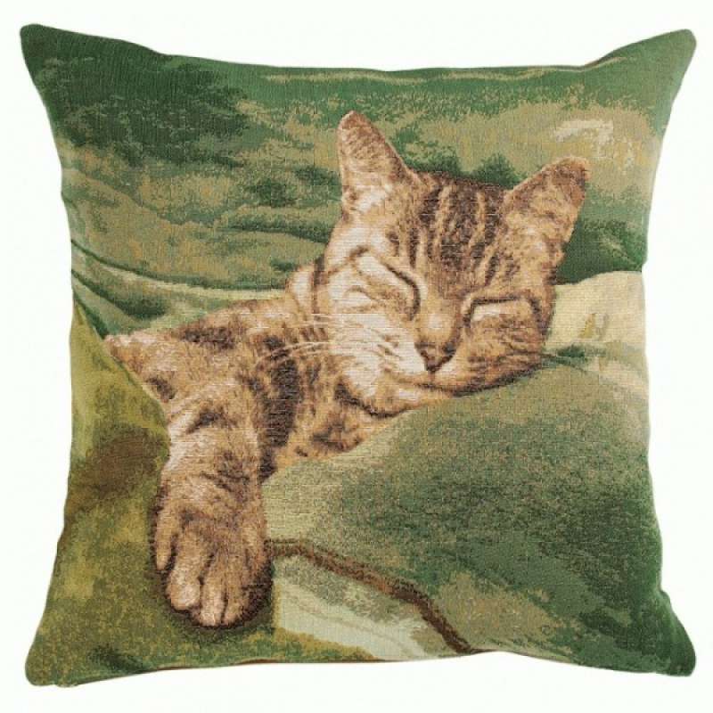 Sleeping Cat Green 1 Decorative Tapestry Pillow