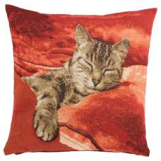 Sleeping Cat Red 1 French Tapestry Cushion