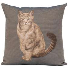 Tabby Cat Sitting Dark Grey French Tapestry Cushion