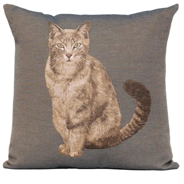 Tabby Cat Sitting Dark Grey Cushion - 19 in. x 19 in. Cotton by Charlotte Home Furnishings