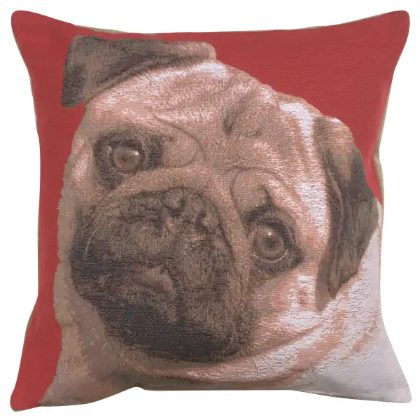 Pugs Face Red Cushion - 14 in. x 14 in. Cotton by Charlotte Home Furnishings