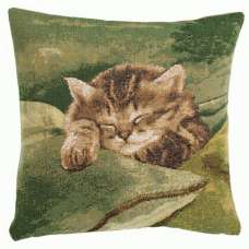 Sleeping Cat Green Decorative Tapestry Pillow