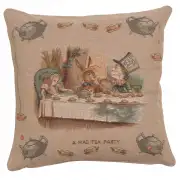 The Tea Party Alice In Wonderland I Cushion - 14 in. x 14 in. Cotton/Polyester/Viscose by John Tenniel