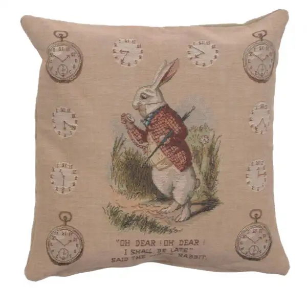 The Late Rabbit Alice In Wonderland I Cushion - 14 in. x 14 in. Cotton/Polyester/Viscose by John Tenniel
