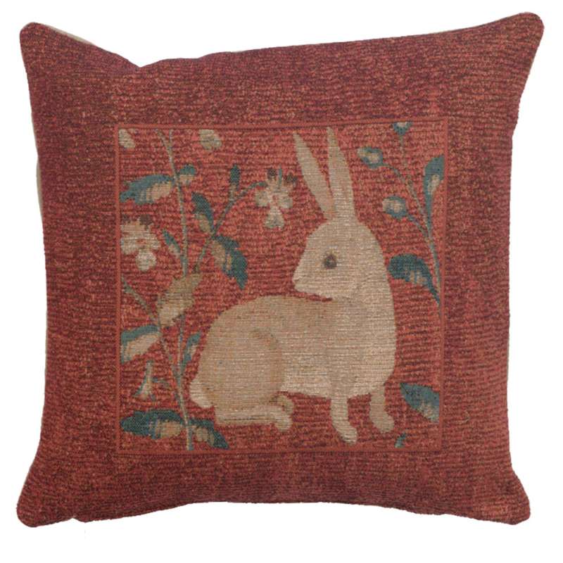 Sitting Rabbit in Red French Tapestry Cushion