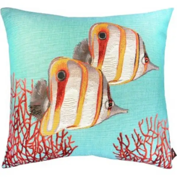 Butterflyfish and Coral Blue Cushion