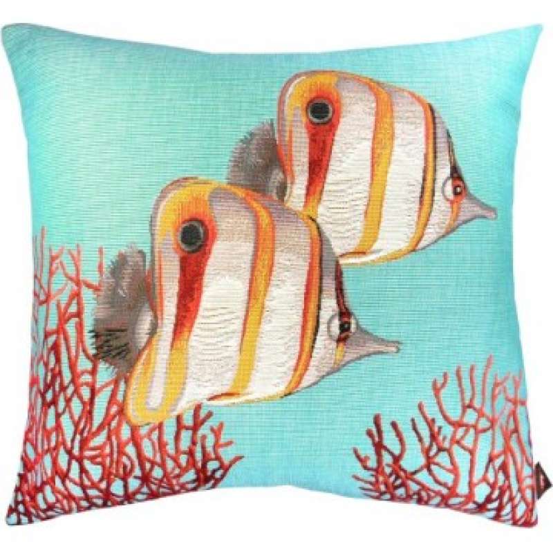 Butterflyfish and Coral Blue French Tapestry Cushion